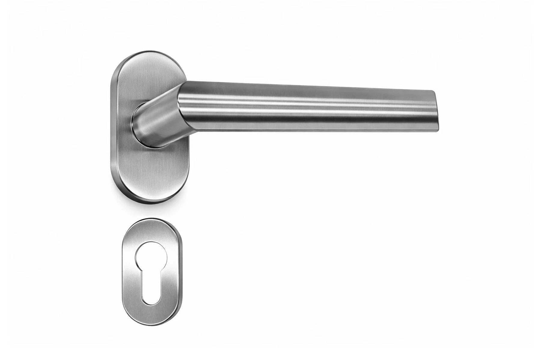 Set mânere poartă inox satinat AISI 316, tip clanță cu arc Premium – Virtuoso