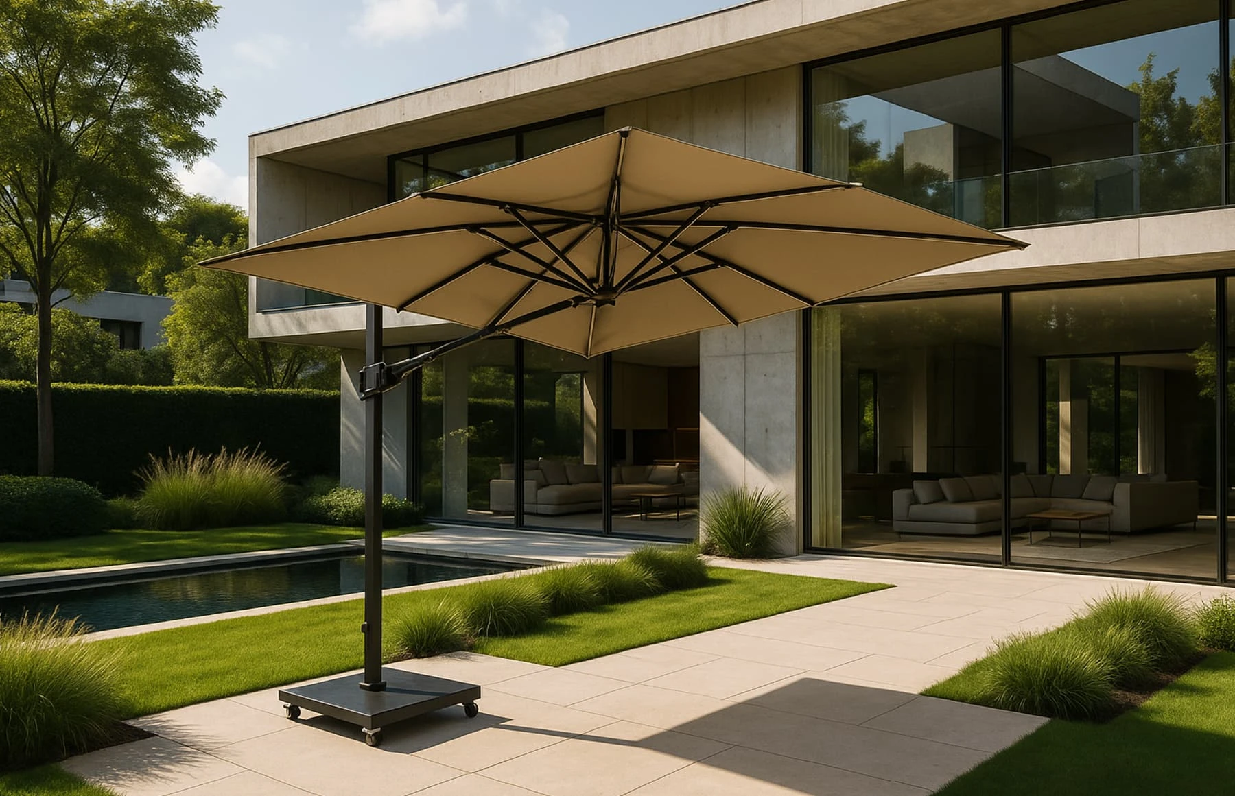 Umbrela de soare 3x3m pentru terasa si gradina, aluminiu, pliabila, culoare gri antracit, include suport granit