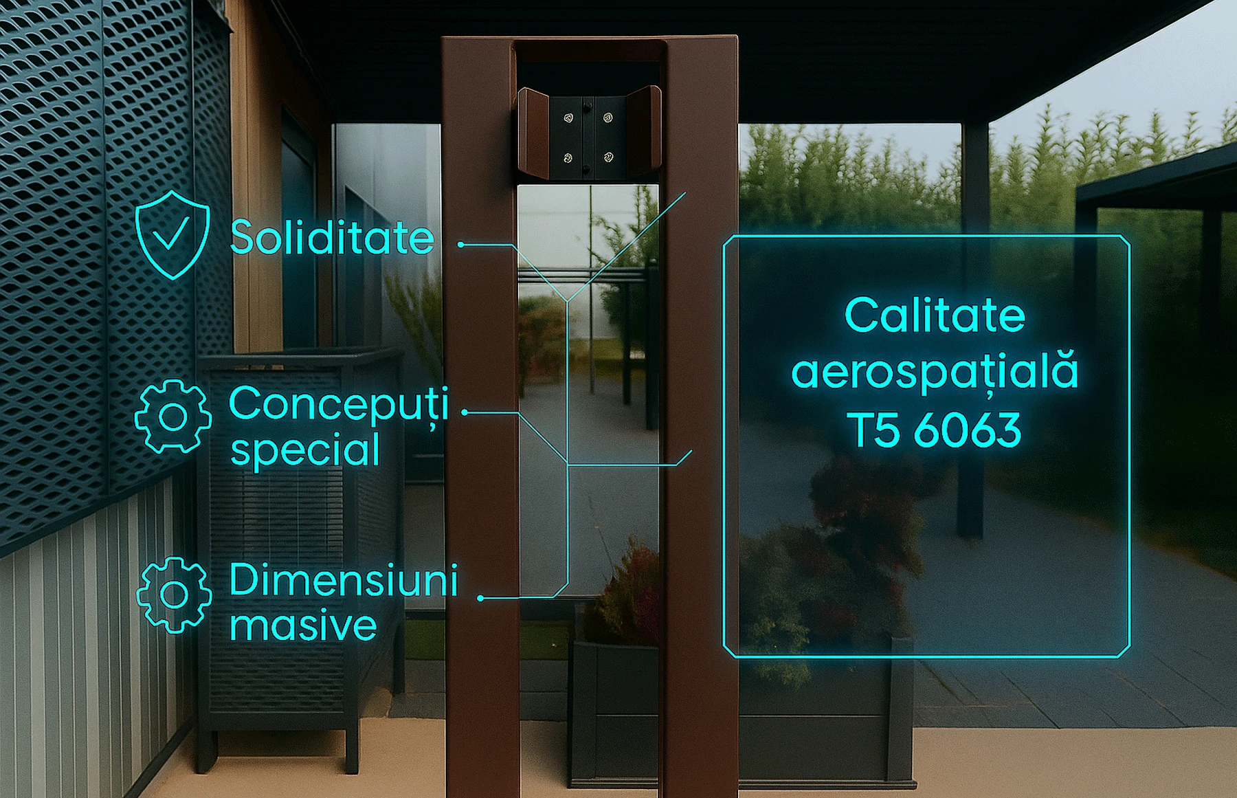 Poarta autoportanta aluminiu 5800 x 1800mm, prefabricata, model Ragnar, insertii tip lemn aluminiu