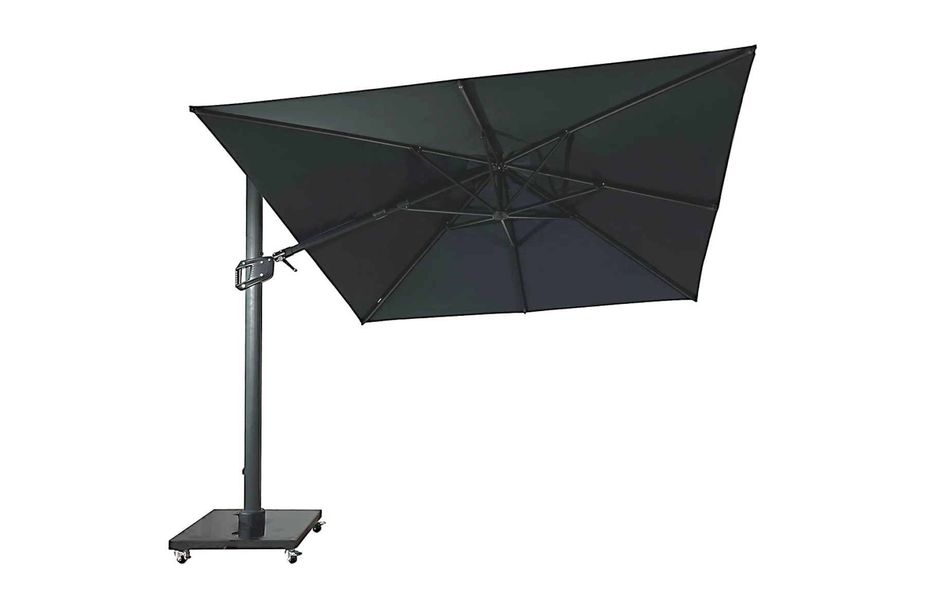 Umbrela de soare 3x3m pentru terasa si gradina, aluminiu, pliabila, culoare gri antracit, include suport granit