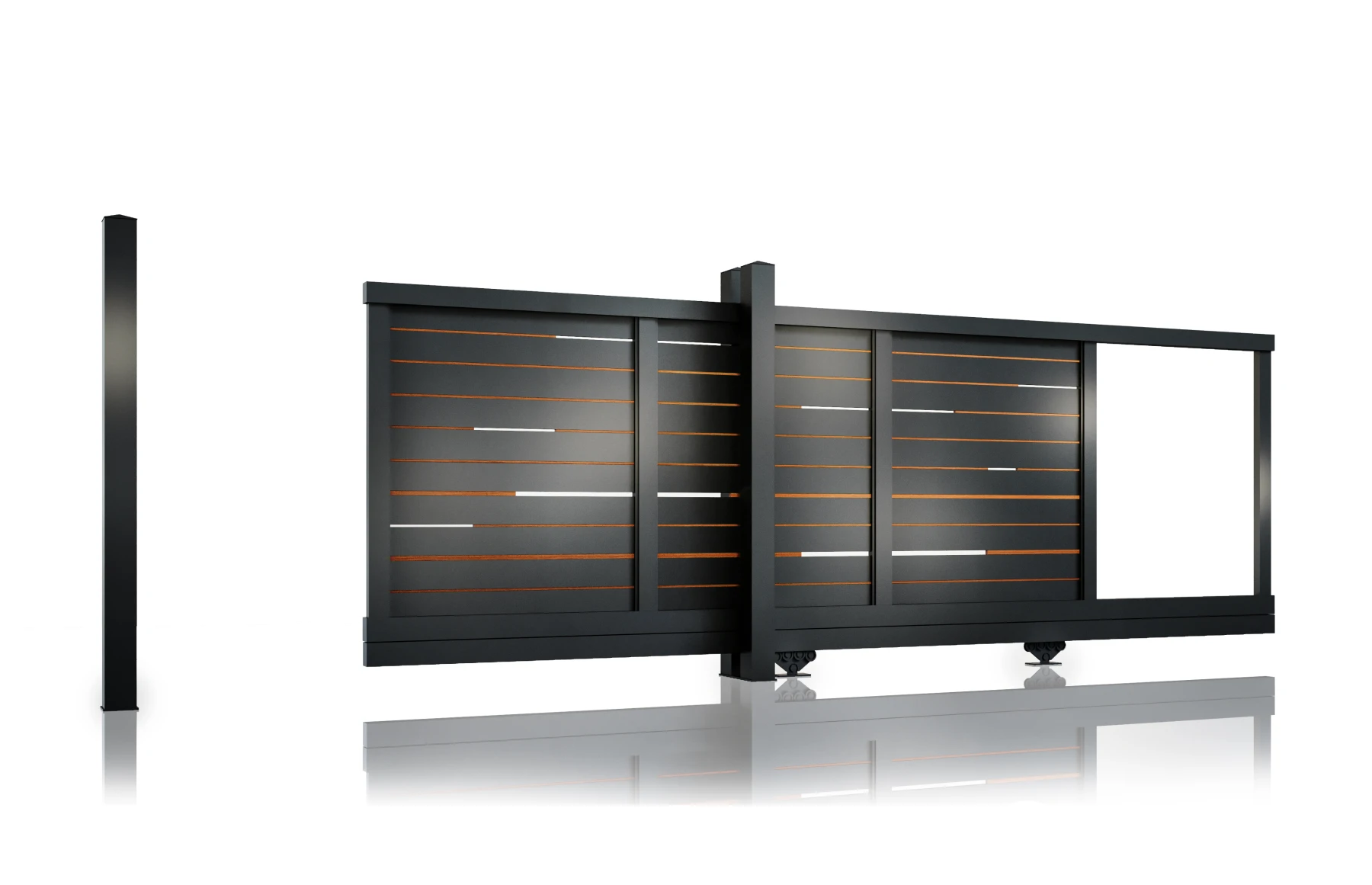 Poarta autoportanta aluminiu 5800 x 1800mm, prefabricata, model Ragnar, insertii tip lemn aluminiu